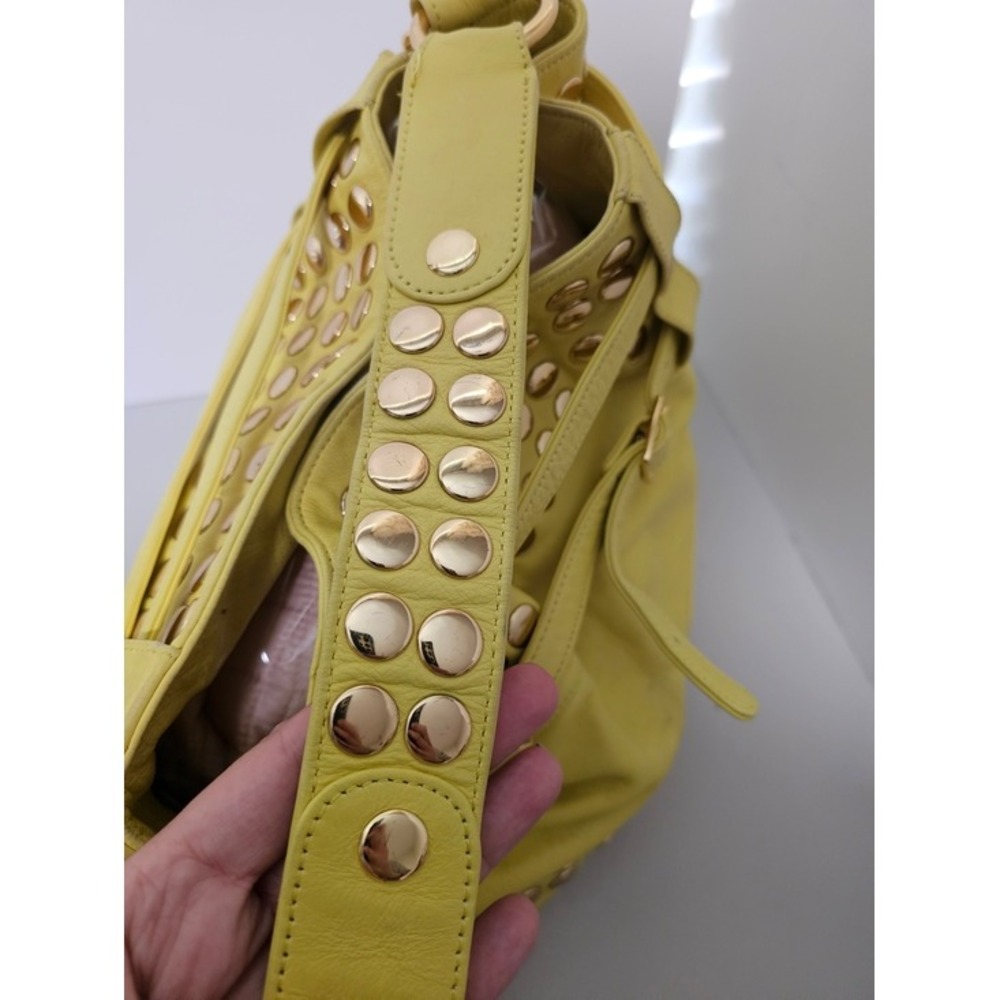 Rebecca Minkoff Devote Tote Leather Hobo Bag Yellow Studded Moto Edgy Y2K Boho ~ - Picture 7 of 11